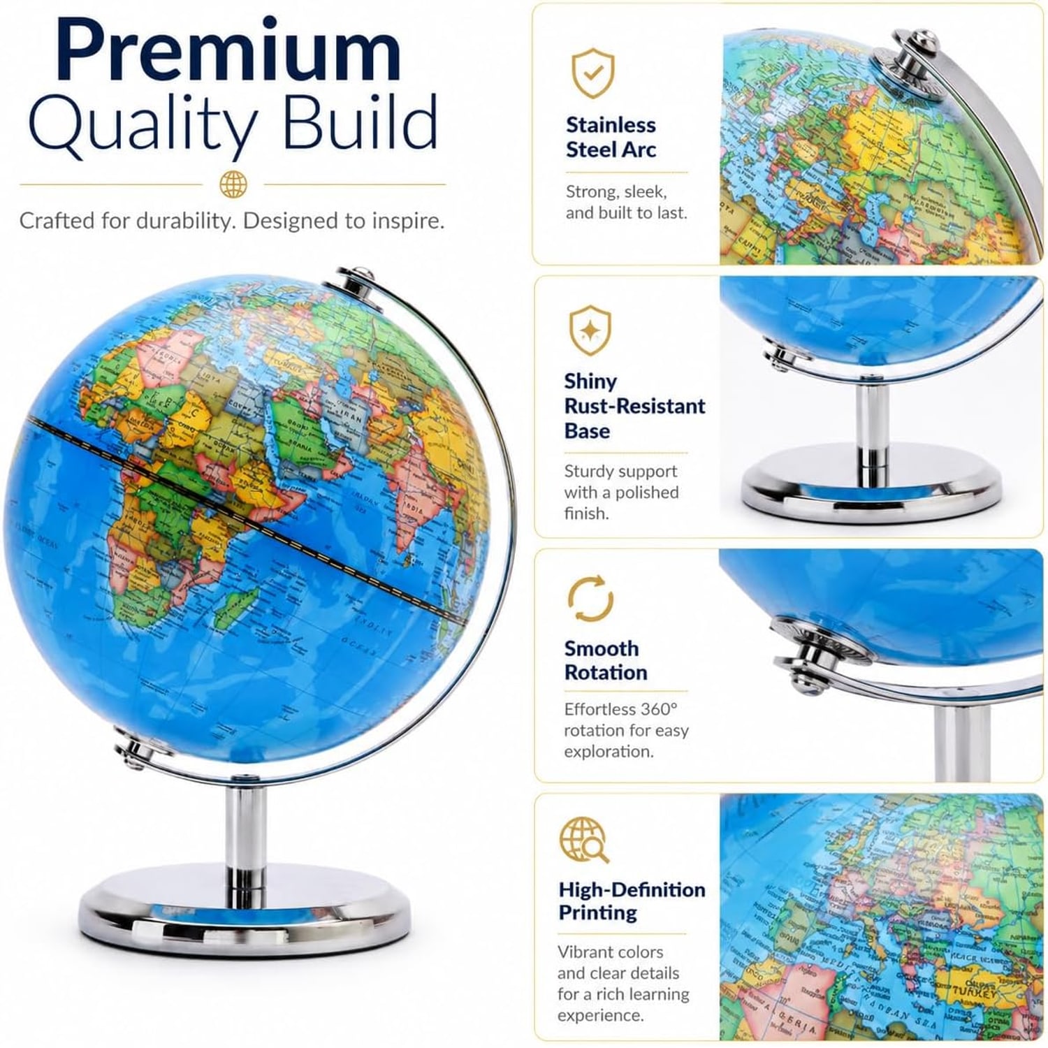 20cm Political World Globe with Stainless Steel Arc and Base