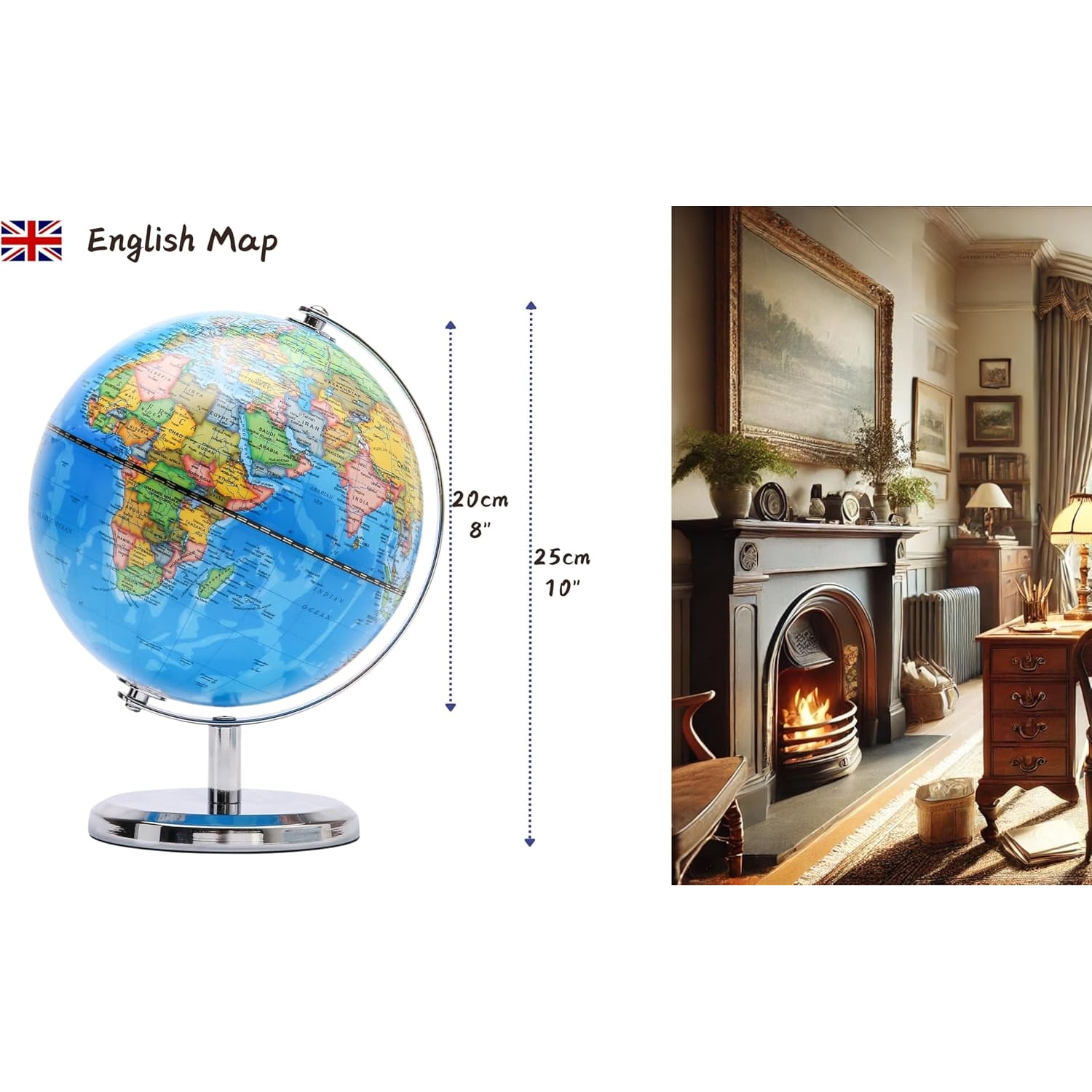 20cm Political World Globe with Stainless Steel Arc and Base