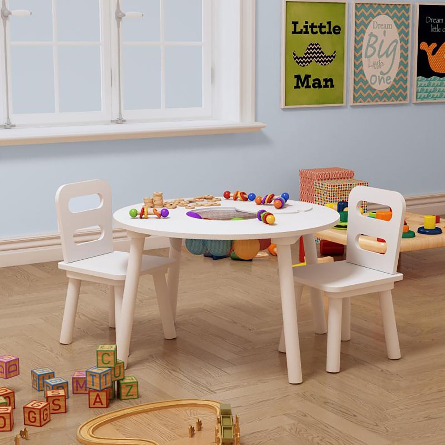 Wooden Kids Storage Table and 2 Chairs