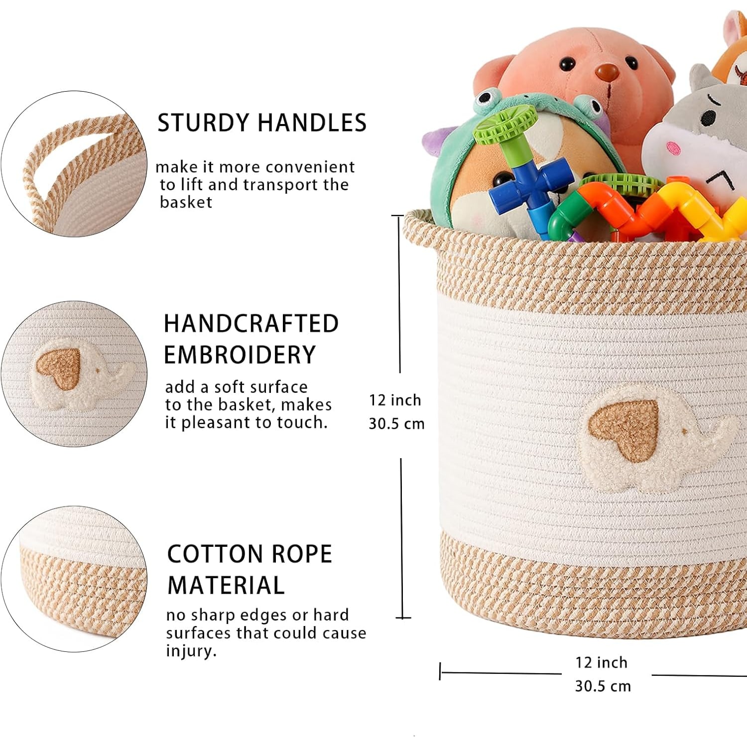 Woven Cotton Rope Toy Basket with Elephant Embroidery: image 5