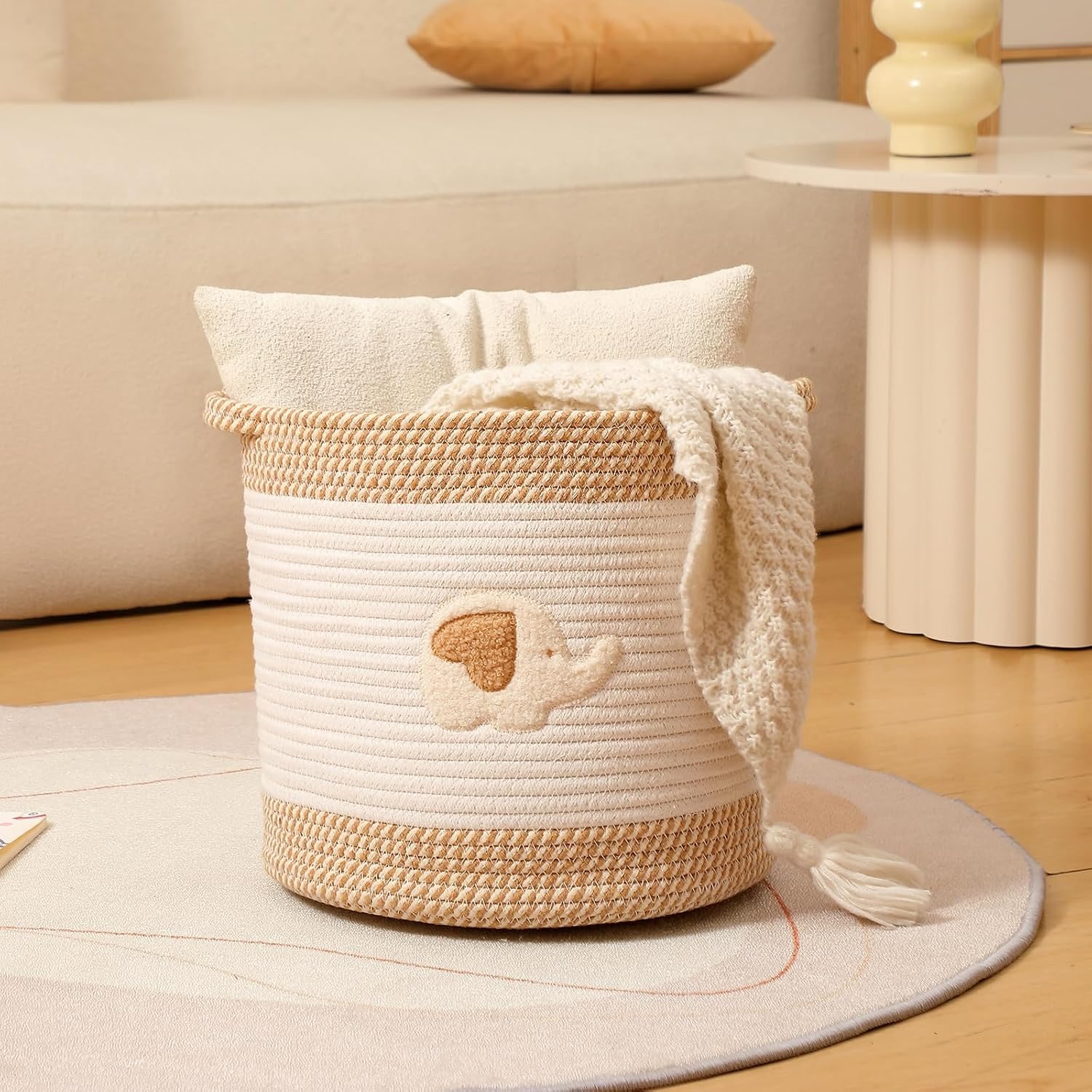Woven Cotton Rope Toy Basket with Elephant Embroidery: image 6